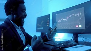 Business trader investor using stock exchange market app on mobile. African man celebrating financial revenue