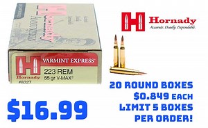 Hornady Varmint Express .223 Rem 55gr V-MAX Ammo Box of 20 $16.99 Limit 5 Boxes