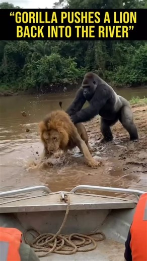 apex predators on Instagram: "It happened in the river! 🌊 A massive Silverback Gorilla goes head-to-head with the King of the Jungle. Who survives this impossible clash? ​ Witness the ultimate predator battle simulation. In this detailed AI visualization, we explore the strength of a primate versus a big cat. This "Gorilla vs Lion" fight breakdown analyzes raw power, bite force, and agility in a river environment. If you love nature documentaries and "what if" battle scenarios, this is the show