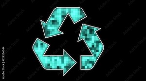 Recycling and garbage disposal symbol in turquoise color with flashing squares of different shades on a black background. Global environmental themes