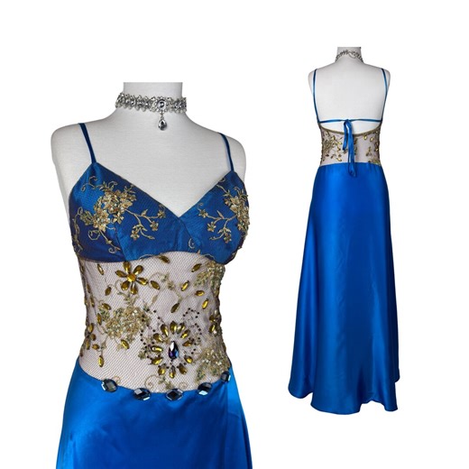 Vintage Blue Silk Satin Maxi Dress Sheer Embellished Corset Beaded Handmade Lace Y2K Glam Evening Prom Dress - Etsy