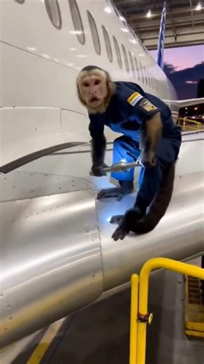 A MONKEY REPAIRS THE WINGS OF AN AIRPLANE
