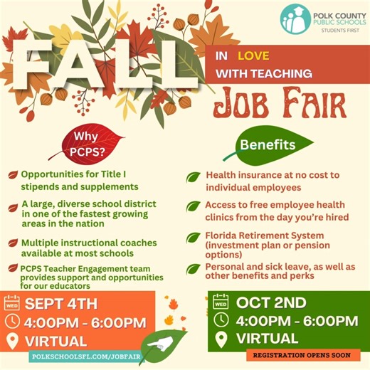4.5K views · 15 reactions | We're always hiring great teachers! Join us online for today's recruiting event from 4 to 6 p.m. Info and registration at polkschoolsfl.com/jobfair. Email our recruiters anytime at jobs@polk-fl.net. Polk County Public Schools Recruitment #lovePolkschools | Polk County Public Schools | Facebook