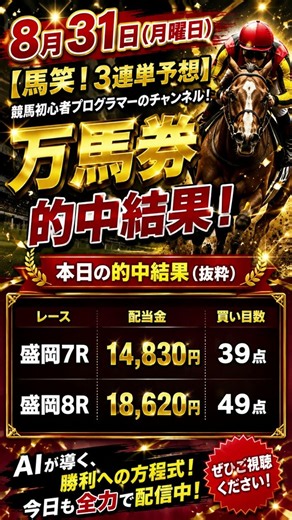 ＃Shorts 2026年8月31日の的中報告 地方競馬 3連単予想 #地方競馬ライブ