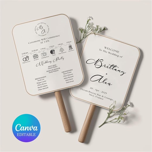 Wedding Program Fan, Modern Wedding Program Fans Template, Wedding Timeline Program Fan, Wedding Ceremony Program Fan Canva Template - Etsy