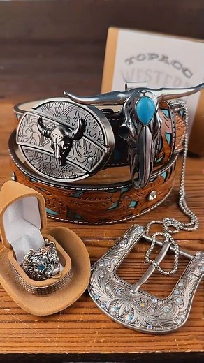 Newest Longhorn Turquoise Skull Set🔥#western #westernfashion #longhorn #turquoise #belt #buckle #cowboyhats #ring #necklace #cowgirl #topaccwesternfashion #fyp | Shop