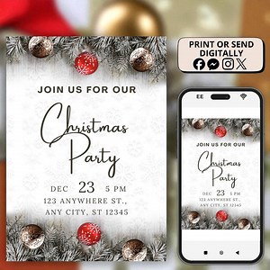 Elegant Christmas Party Invitation With Pine & Ornaments | Editable Canva Template | Holiday Printable Design - Etsy
