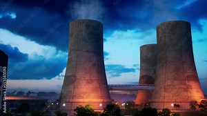 3D animation of a nuclear power plant. Atomic power stations sources of electricity