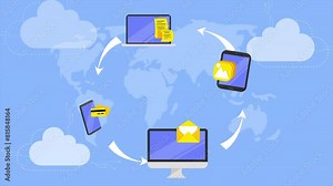 Animated Computing and Data Cloud Technology Concept Design Background. Digital devices icons animation Electronic devices and e commerce concept icons. Global technology computing background.