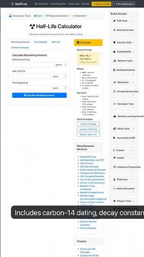 Half-Life Calculator | Radioactive Decay | Carbon Dating | 8gwifi.org — in 30 seconds #chemistry