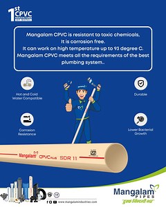 21 reactions | Know your Mangalam Pipes better. Mangalam CPVC (Chlorinated Poly Vinyl Chloride) is resistant to toxic chemicals, It is corrosion free. It can work on high temperature up to 93 degree C. Mangalam CPVC meets all the requirements of the best plumbing system. #MangalamCPVC #CPVC #MangalamPipes #BestPLumbingSolution #Nepal | Mangalam Pipes | Facebook