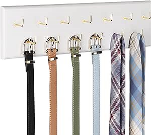 Belt Organizer, Wall Mounted Hanger for Closet, White | Wooden Belt Hanger Tie Hanger Space Saving Holds Over 28 Belts, Wooden Rack for Tie and Scarf Storage
