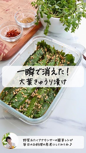 𓊆一瞬で消えた！大葉きゅうり漬け𓊇 【1447万回再生の簡単野菜レシピ】 👉@yuri.takeshita.92 𓎩︎＿＿＿＿＿＿＿＿＿＿＿＿＿＿ 子どもって薬味系は苦手かな？ と思ってたけど娘が意外と食べたよ🤤 大葉はミネラルが豊富で、 特にβ-カロテンやカルシウムが 野菜の中でもトップクラス🌿 ぜひ作ってみて下さい♡ ▪️材料 （3人分） きゅうり 2本 大葉 24枚 《調味液》 ★麺つゆ （2倍濃縮）大さじ2 ★しょうゆ 大さじ1と1/2 ★酢 大さじ1 と1/2 ★砂糖 大さじ1 ★ごま油 小さじ2 ★ごま 小さじ2 お好みで 乾燥唐辛子🌶️ ▪️作り方 ①きゅうりはヘタをとり3等分にし 縦に4等分に切る。 ②きゅうりに大葉を巻き 保存容器にとじ目を下にして敷き詰める。 ③★を混ぜて調味液をつくり②にかける。 ④容器を上下にして、 全体に調味液が行き渡るようにする。 ⑤冷蔵庫に4時間入れて完成！ ここがポイント🥣 ◎大葉はツルツルの面を外にして 巻くときれいにみえる。 ◎敷き詰める時は、閉じ目を下にする。 ✎︎＿＿＿＿＿＿＿＿＿＿＿＿＿ 野菜ソムリエ上級プロで