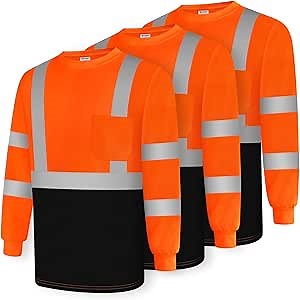 High Visibility Shirts for Men Class 2 Hi Vis Reflective Safety Work Shirts for Men Women, Long Sleeve Construction Shirts with Black Bottom, Durable & Breathable, Orange 3XL, 3PCS