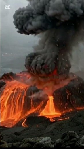 “Cinematic mega-eruption shot.Sakurajima Volcano explodes with a massive fire plume shooting s