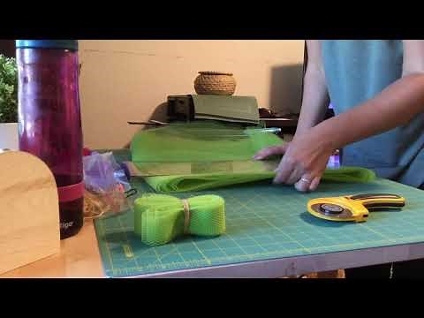 Cutting netting into strips for scrubbies