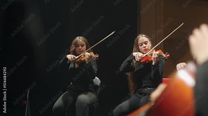 concert of small orchestra, female violinists are playing music, young professional musicians