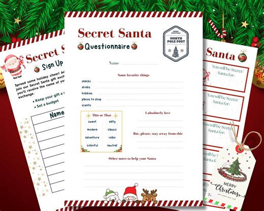 Secret Santa Bundle Printable, Sign up Sheet, Questionnaire, Assignment Cards, Gift Tags, Work Holiday Party Kit, Christmas Exchange Pack - Etsy