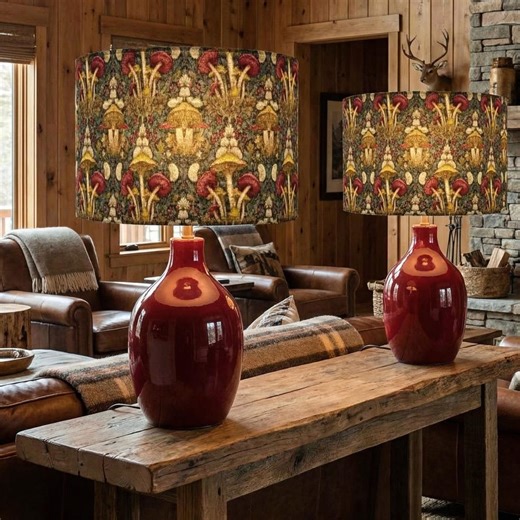 Red Mushroom Lampshade – Cottagecore William Morris Style • Botanical Fungi Decor • Vintage Woodland Lamp Shade Cozy Red Accent Lighting - Etsy