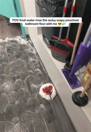 POV fresh water rinse this sudsy soapy preschool bathroom floor with me after wet mopping and scrubbing 😎🧼 with dirty water dump!! #cleantok #wetmop #cleaningtiktok #cleaningasmr #satisfyingcleaning