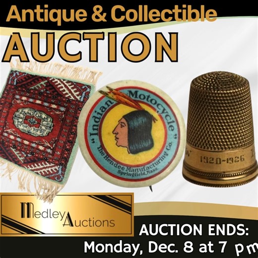 BID NOW! This Antique & Collectible Auction starts to close Monday, Dec. 8 at 7 p.m. https://medleyauctions.hibid.com/catalog/696901/antique-and-estate-on-line-auction Medley Auctions @medleyauctions @inglewoodantiques @inglewoodantiquemarket | AuctionsOntario.ca