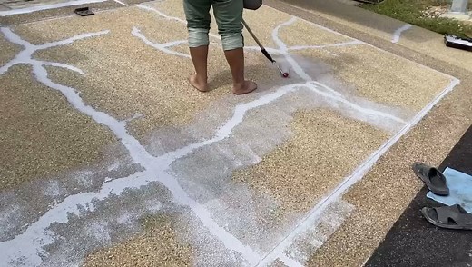 Car porch - Pebble wash restoration Pebble wash flooring can be tough to maintain. Over time it cracks and that’s a fact. So how does one restore it? Simple answer is patch it. What happens if one no longer likes the look or color? Coat of with paint. 🤷🏻‍♂️ Before - pebble wash looks dull and dirty and there are cracks due to car traffic. Rectification method - patch the cracks with epoxy. With a new coat of epoxy, the pebble wash is more resilient and durable to our harmful UV rays and acid r