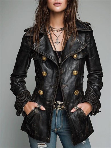 Vintage-inspired Black Distressed Real Leather Trench Coat Handmade Double-breasted Gold Button Jacket for Women - Etsy