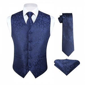 HISDERN Men 3 Piece Vest Set, with Tie and Pocket Square Paisley Waistcoat Navy Blue Suit Vest 2XL