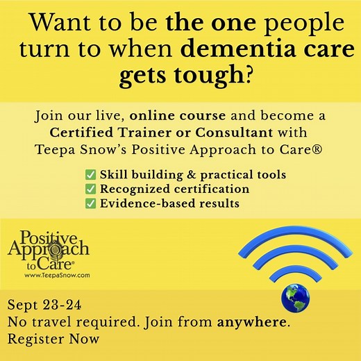 💡 You believe in Teepa’s approach; now it’s time to share it with others. Get Positive Approach to Care® Certified online and become the person who brings clarity, compassion, and confidence to your team or community. 🧩 Trainer Track = Teach and lead 🧩 Consultant Track = Guide and coach 📆 Online September 23–24 | Taught live by skilled mentors 🔗 https://hubs.ly/Q03DMdyH0 | Teepa Snow