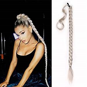 Long Braided Ponytail Extension with Hair Tie 32 Inch Straight Wrap Around Hair Extensions Ponytail High Temperature Natural Soft Synthetic Hair Piece Silver Grey