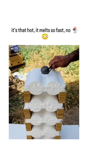 Comed.y_king🤣 on Instagram: "The video showcases hot coals melting through stacked polystyrene foam blocks in under a minute, illustrating rapid thermal decomposition at temperatures exceeding 200°C, far beyond typical ice cream melting points. Caption humorously equates the heat's intensity to instant ice cream meltdown, 's pattern of posting short, surprising demos that blend everyday materials with physics curiosities for viral appeal. Replies in Indonesian highlight awe and safety queries, 