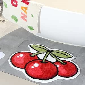 Cherry Shaped Microfiber Bath Mats for Bathroom Cute Fruit Bath Room Rug Non Slip Cherry Door Mat Shower Rugs Absorbent Bathtub Foot Doormats Washable Carpet for Kid's Room