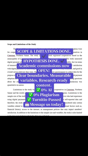 Need help with Scope, Limitations, and Hypothesis? 👀 We’ve got you covered! Aligned with your research problem and objectives. ✅ 0% AI ✅ 0% Plagiarism ✅ Turnitin-Passed DM now! #thesis #commissionsopen #research #fyp #academiccommissionsph