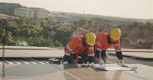 Two technicians in safety gear review a blueprint on a rooftop to ensure the precision of the solar installation, aligning with requirements for optimal performance and safety.