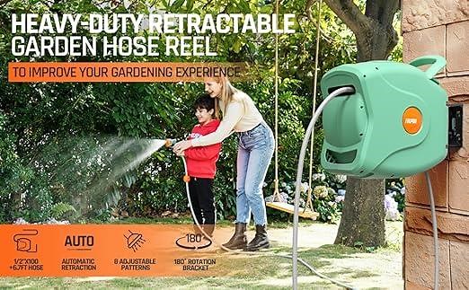 How does retractable garden hose reel rewind?
