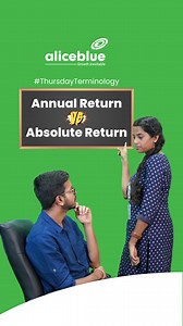 The key difference between annual return and absolute return lies in the way they are calculated. Let's understand more about it in our #ThursdayTerminology video. Click https://bit.ly/4aeNBju to know more. Disclaimer-https://tinyurl.com/59ypbsrh #aliceblue #ThursdayTerminology #stockmarkets #stockbroker | Alice Blue | Facebook