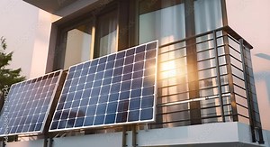 Close-up of solar panels on balcony, the approach of integrating renewable energy sources into urban design to reduce carbon footprint.Balcony solar power station eco-friendly to use renewable energy.