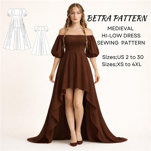 Medieval Hi-low Dress Sewing Pattern – Puff Sleeve– off Shoulder - PDF A0/A4 US 2-30 - Etsy Canada