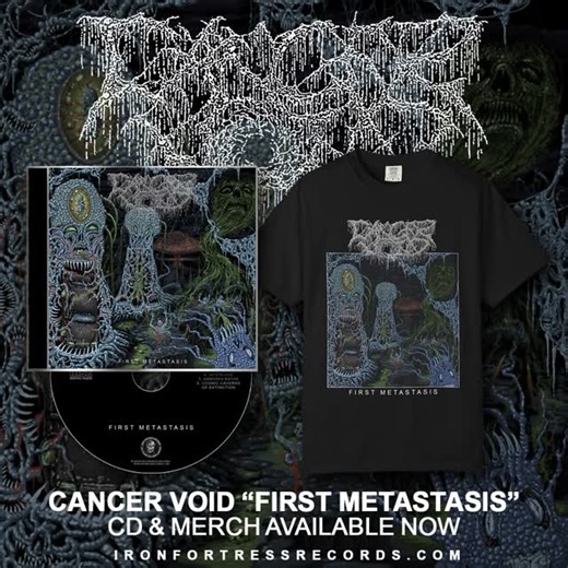 Iron Fortress Records on Instagram: "CANCER VOID “FIRST METASTASIS” CD & MERCH NOW AVAILABLE Released digitally and on vinyl and cassette tape this past August, Cancer Void’s debut EP “First Metastasis” is now available to order on pro CD via Iron Fortress Records as well as brand new single sided t-shirts, printed on Comfort Colors! Cancer Void’s “First Metastasis” is a 6 track and 21 minute debut of cancerous and sweltering doom laden death metal. Pummeling and sickening… this record will swir