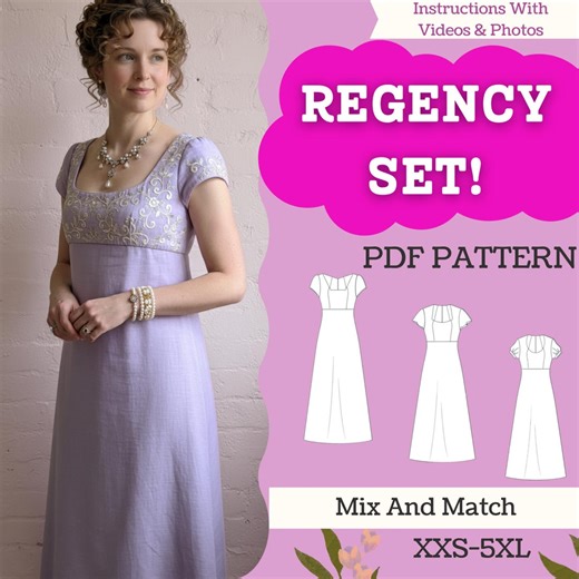 Regency Dress Sewing Pattern Set – Mix & Match Empire-waist Gown PDF (a0/a4/letter, XXS–5XL, Beginner-friendly) - Etsy