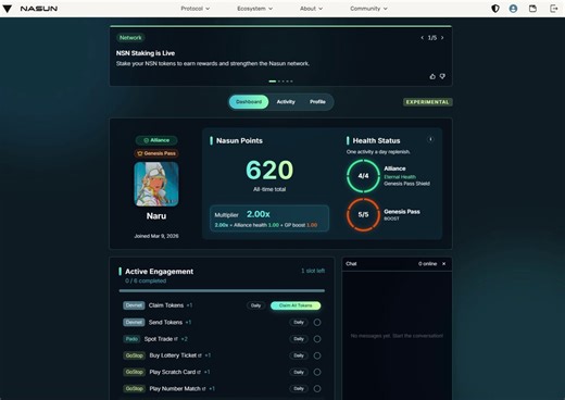 NASUNMaking You the Center of Crypto Nasun turns your activity into compounding value. Activate curated apps. Decide how deep you engage. Nothing resets.