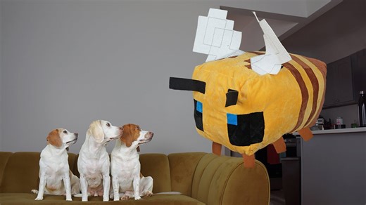 Dogs vs GIANT Minecraft Bee Prank: Funny Dogs Maymo, Penny, Potpie vs Minecraft in Real Life