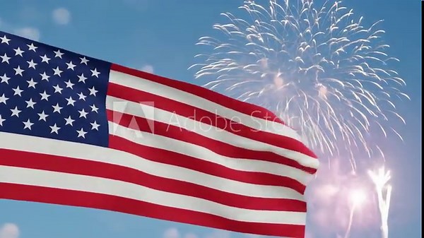Waving American flag stands out against dark sky, with colorful fireworks exploding in background, symbolizing celebration and patriotism during festive holiday event filled with joy and excitement