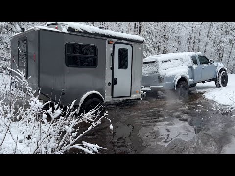 Off Grid Tiny Cargo Trailer Camper - Late Season Snowstorm