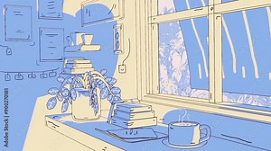 lo fi cartoon art interior loop animation, cozy relaxed atmosphere in front of an open window with a book and a cup of coffee