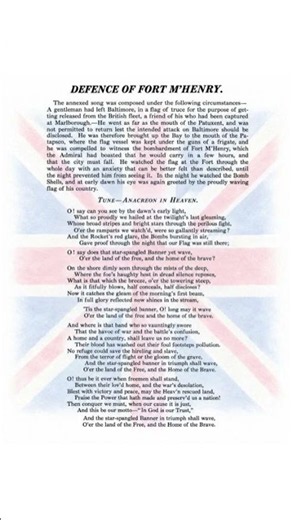 STAR BANGLE BANNER written by Francis Scott Key in 1814 during the War of 1812.