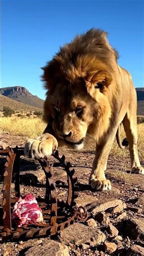 Will the lion be able to pick up a piece of meat from this cage? #Lion#trap