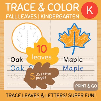 Kindergarten Fall Activity ☂ 10 Leaves • Word Tracing and Coloring Pages