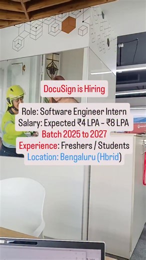 jeelani shaik on Instagram: "DocuSign is Hiring Role: Software Engineer Intern Salary: Expected ₹4 LPA – ₹8 LPA Qualifications: Computer Science (Preferred) Experience: Freshers / Students Location: Bengaluru (Hybrid## #freshershiring #engineeringjobs #itjobs #bangalorejobs #dellhiring"