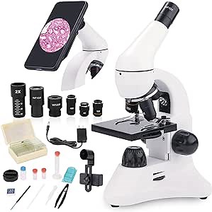 Microscope for Adults Kids, 40X-2000X Compound Biological Monocular Microscope Kit for Kids Students Beginners Lab Home School Education - w/Slides Set, Phone Adapter, Power Adapter (White, Metal)